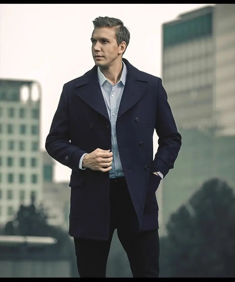 American retro navy blue wool mens slim fit jacket medium length business casual windproof jacket 240829