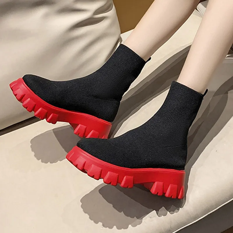 Autumn Women 2023 New Platform Breathable Knitted Elastic Wedges Soc Bottom Thick Heel Ankle Boots Woman 2f61