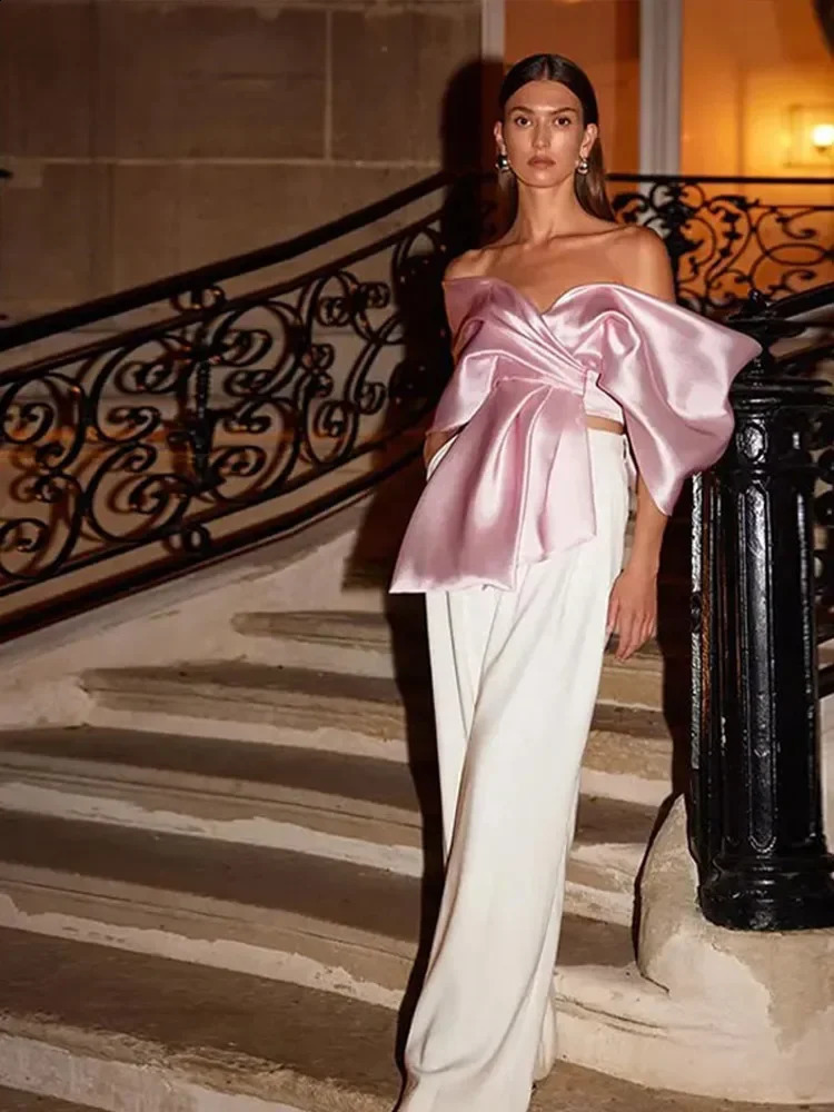 Elegant Pleated Satin Pink Bow Women Tops Sexy Off Shoulder V-neck Backless Cropped Tank Top 2024 Spring Summer Chic Lady Vest 240830