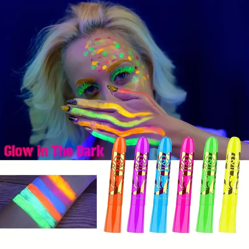 6Pcs UV Neon Paint Kit emits light in the dark under UV light black glow makeup kit washable water-soluble paint 240829