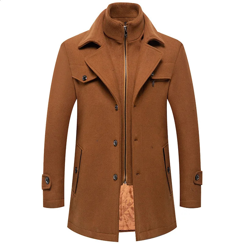 Winter mens slim fit wool trench coat fashion mid length coat mens double neck zipper solid color casual wool coat 240829