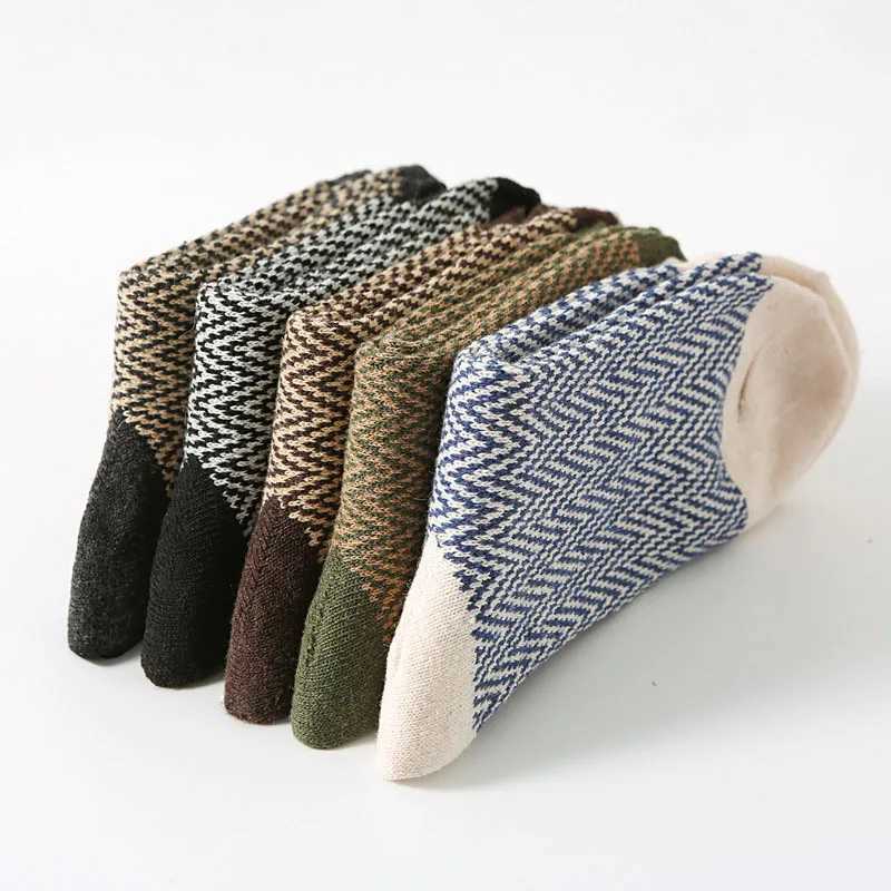 Men's Socks 5 Pairs/Lot Mens Thick Wool Socks Autumn And Winter High Quality Japanese Vintage Stripes Warm Comfortable Soft Socks EU 38-44 Y24083