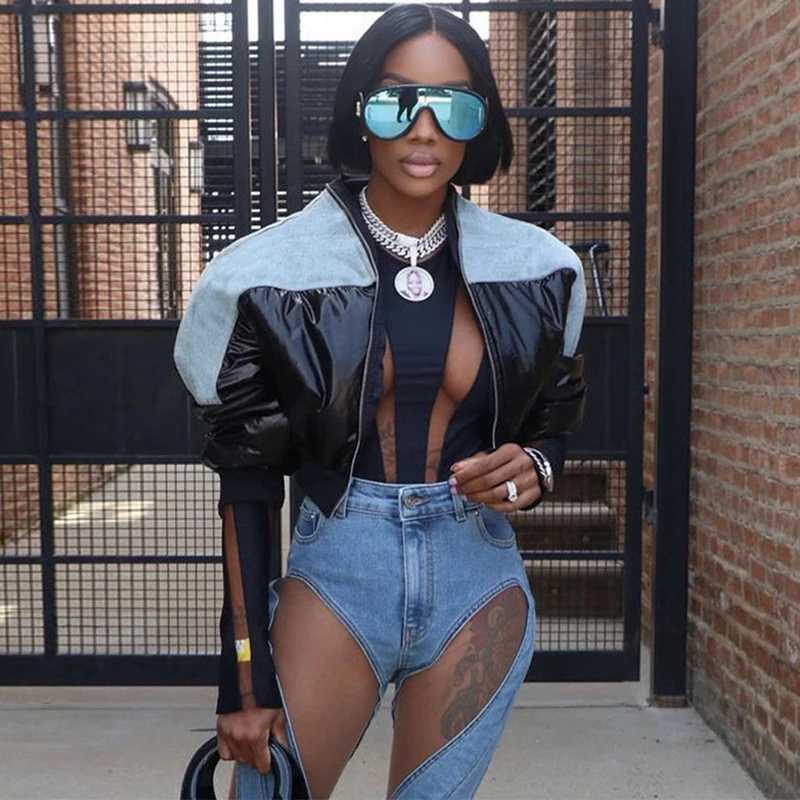 Women's Down Parkas Fashion Women Shiny Black PU Leather Denim Puffer Jacket High Waist Bubble Coats Hiphop Lady Zipper Crop Puff Parkas Down Win
