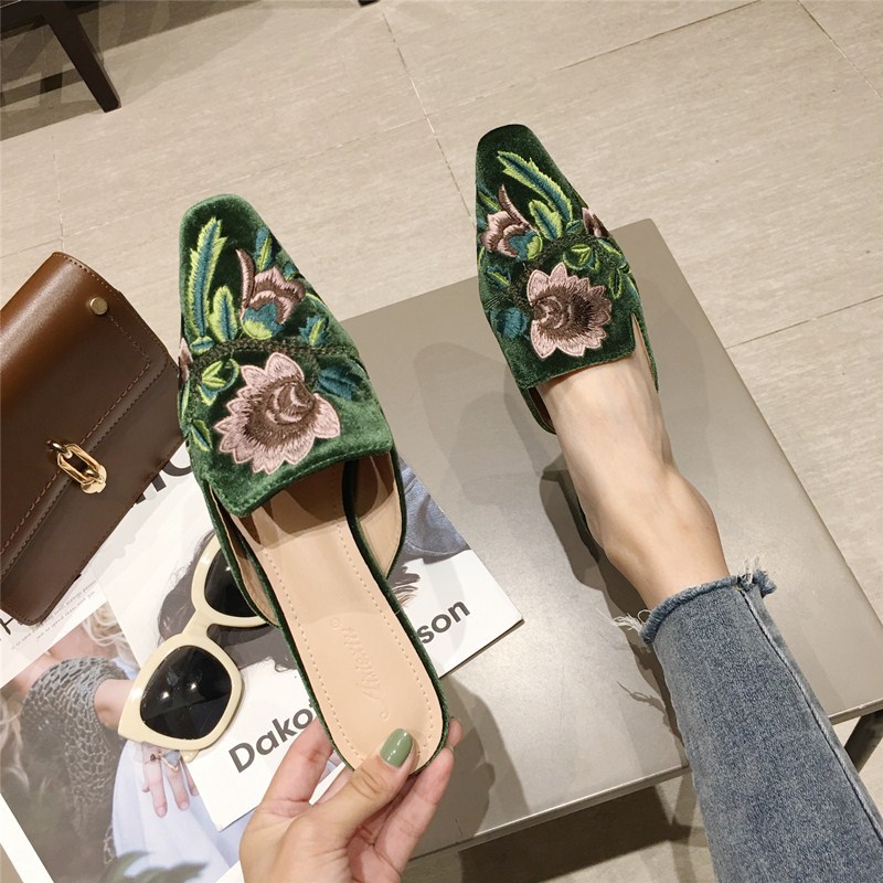 2024 New Women's Shoes Embroidered Slim Heel Sandal Slippers Small Square Head Velvet Flat Bottom Slippers Large 41