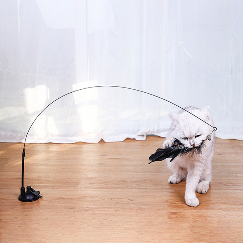 Funny Cat Stick Teasing Toy Interactive Playing Teaser Wand with Suction Cup Simulation Feather Self-hi Cat Toys Cat Supplies