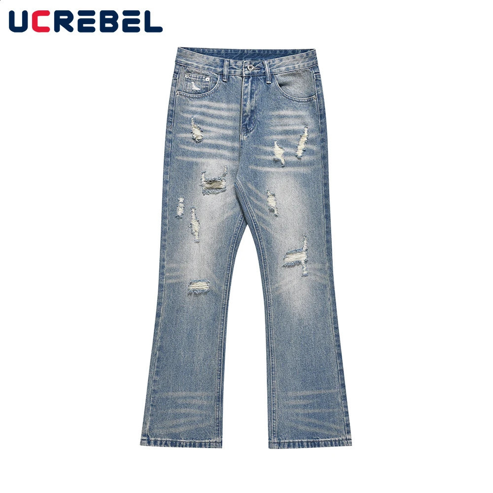 Tear hole casual jeans mens retro washed Distressed loose straight leg Vibe style glitter pants 240829