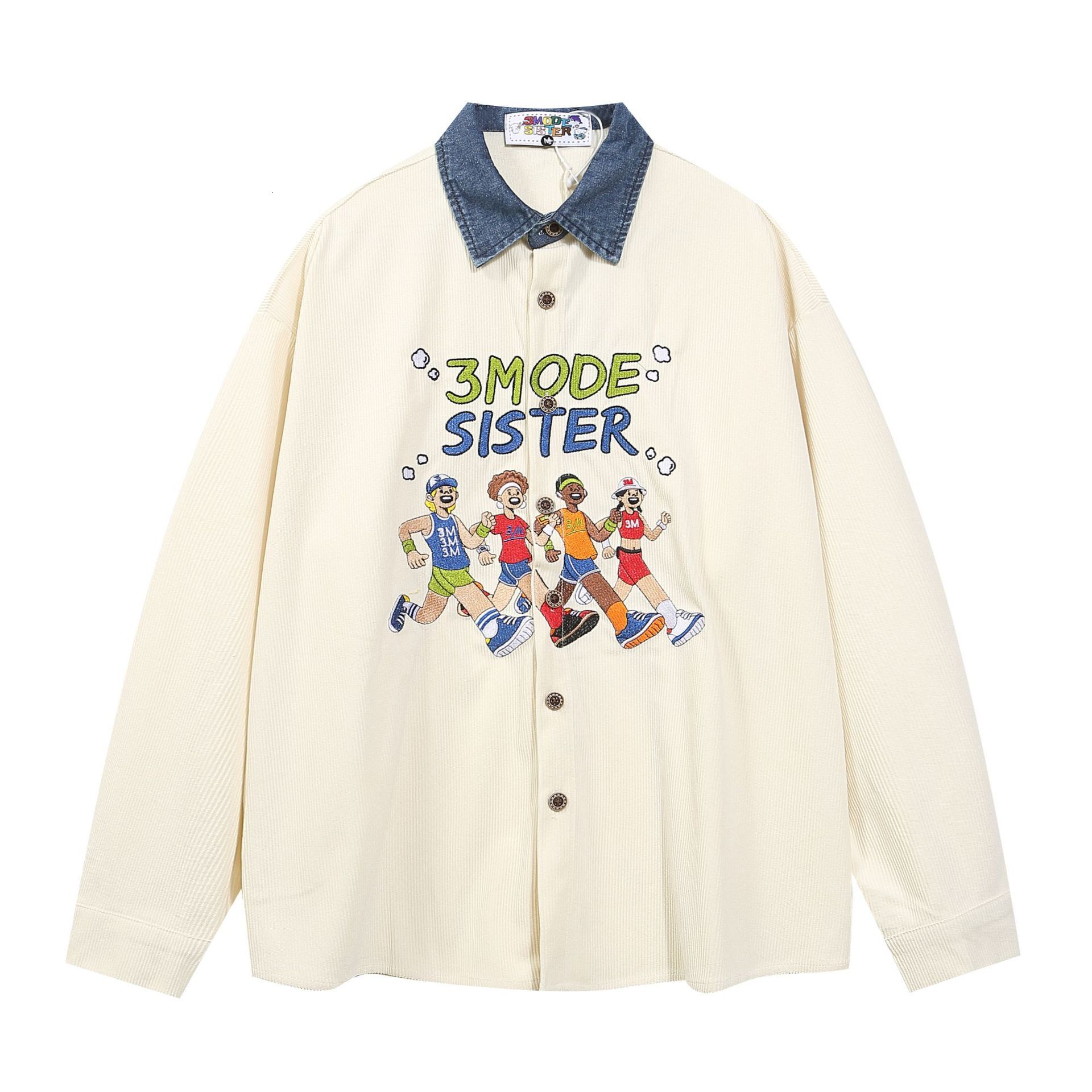American College Style Athlete Embroidered Long Sleeve Shirt Mens and Womens Corduroy Bf Shirt Coat