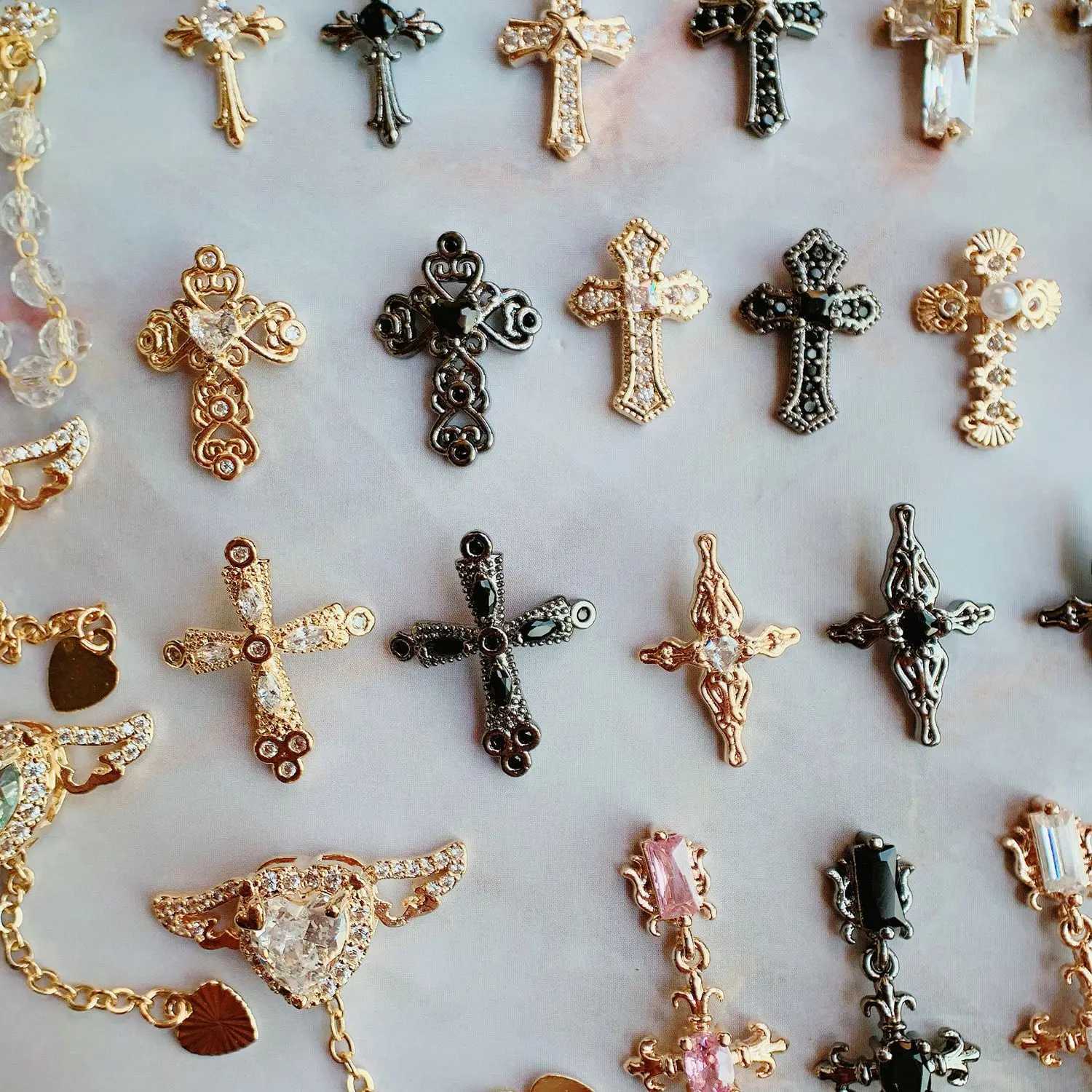 10 pieces/batch Dark Cross Heart shaped Nail Art Parts Zircon Crystal Handmade Nails Accesorios Supplies Decorative Charm W240829
