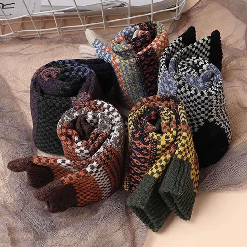 Men's Socks 5 Pairs/Lot Mens Thick Wool Socks Autumn And Winter High Quality Japanese Vintage Stripes Warm Comfortable Soft Socks EU 38-44 Y24083