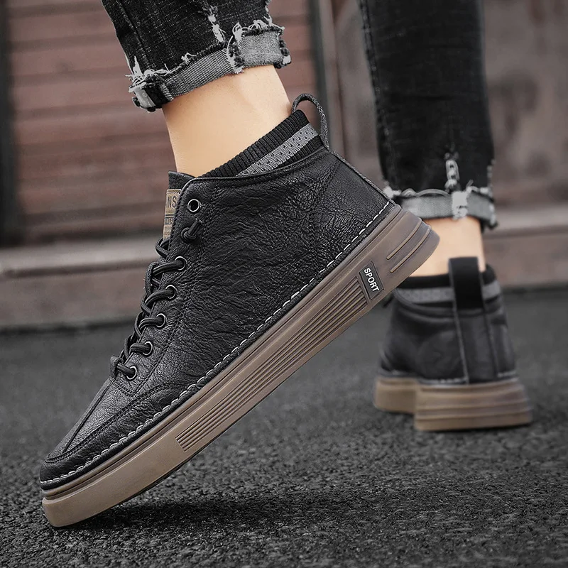 Trend Men's Casual Leather Shoes New Shoes for Men High-top Black Casual Male Sneakers Platform Ankle Boots Tênis Masculino