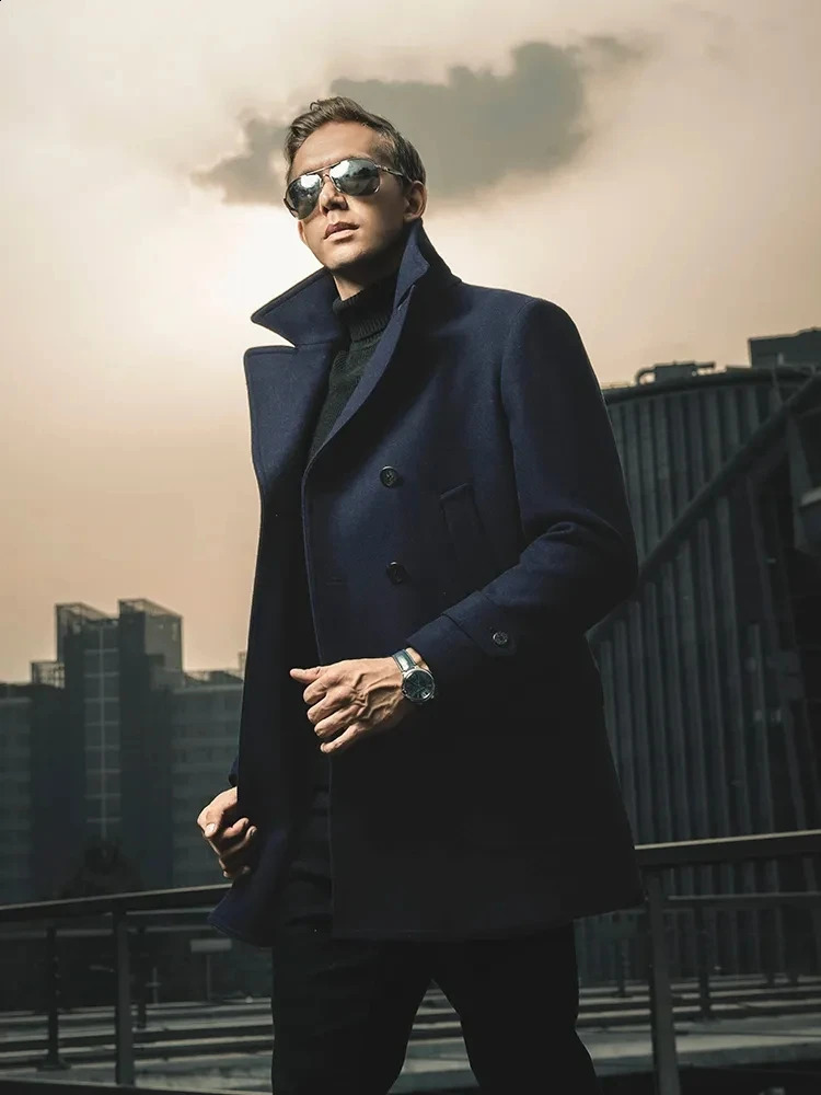American retro navy blue wool mens slim fit jacket medium length business casual windproof jacket 240829