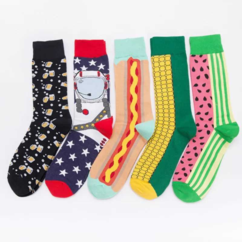 Men's Socks 5 pairs of socks large size colorful couple socks happy socks medium and high tube personality cotton socks wholesale Y240830KY2J