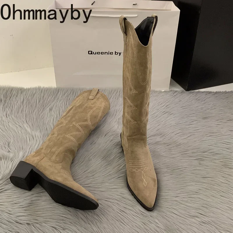 Cowboy Women Boots Fashion Square Low Heel Ladies Elegant Slip On Long Booties Winter Pointed Toe Women's Footwear 15d8 's