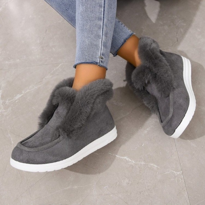 Ankle Grey Women Winter Warm Plush Fur Snow Boots Suede Leather Shoes Ladies Slip on Comfortable Female Footwear 082c