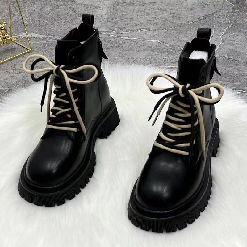 Winter Chunky Women Shoes PU Leather Plush Ankle Boots Black Female Autumn Fashion Platform Booties 5228