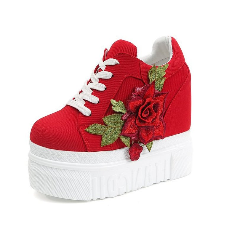 Embroidered Flowers Canvas Sneakers Autumn Women High Wedge Sneaker Fashion White/black/red Platform Woman Sports Casual Shoes