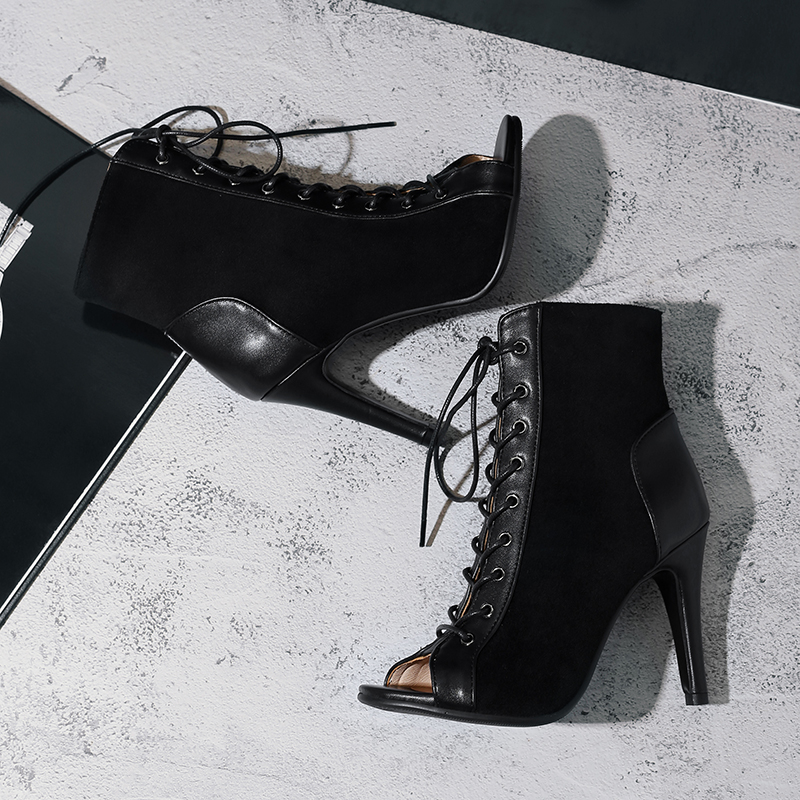 Peep Fashion Toe Summer Heels Ankle For Women Sexy Short Boots Ladies Lace Up Black Party Jazz Dance Shoes Female 2660