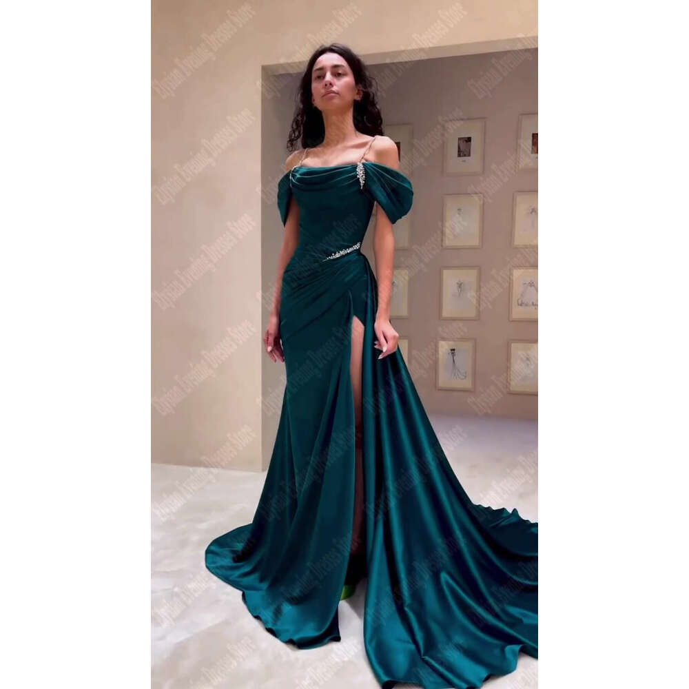 Elegant Slit Lady Evening Dresses Long Satin Formal Princess Gowns Off The Shoulder Side Split Pleat Vestidos De Noche