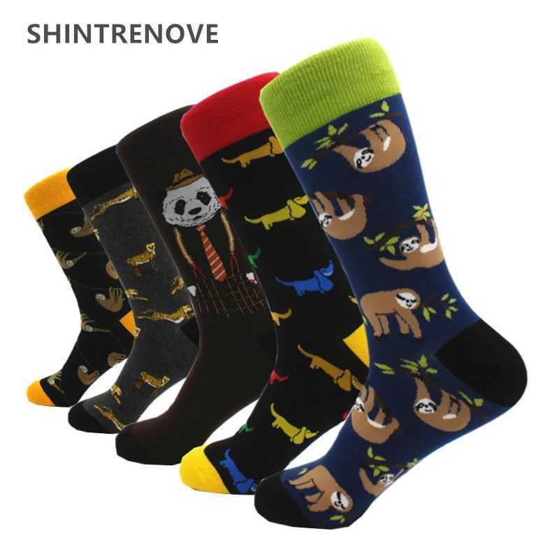 Men's Socks 5 Pairs/Lot Happy Men Socks High Quality Print Animal Combed Cotton Socks Casual Dress Clothing Funny Socks Men Y240830SPI5