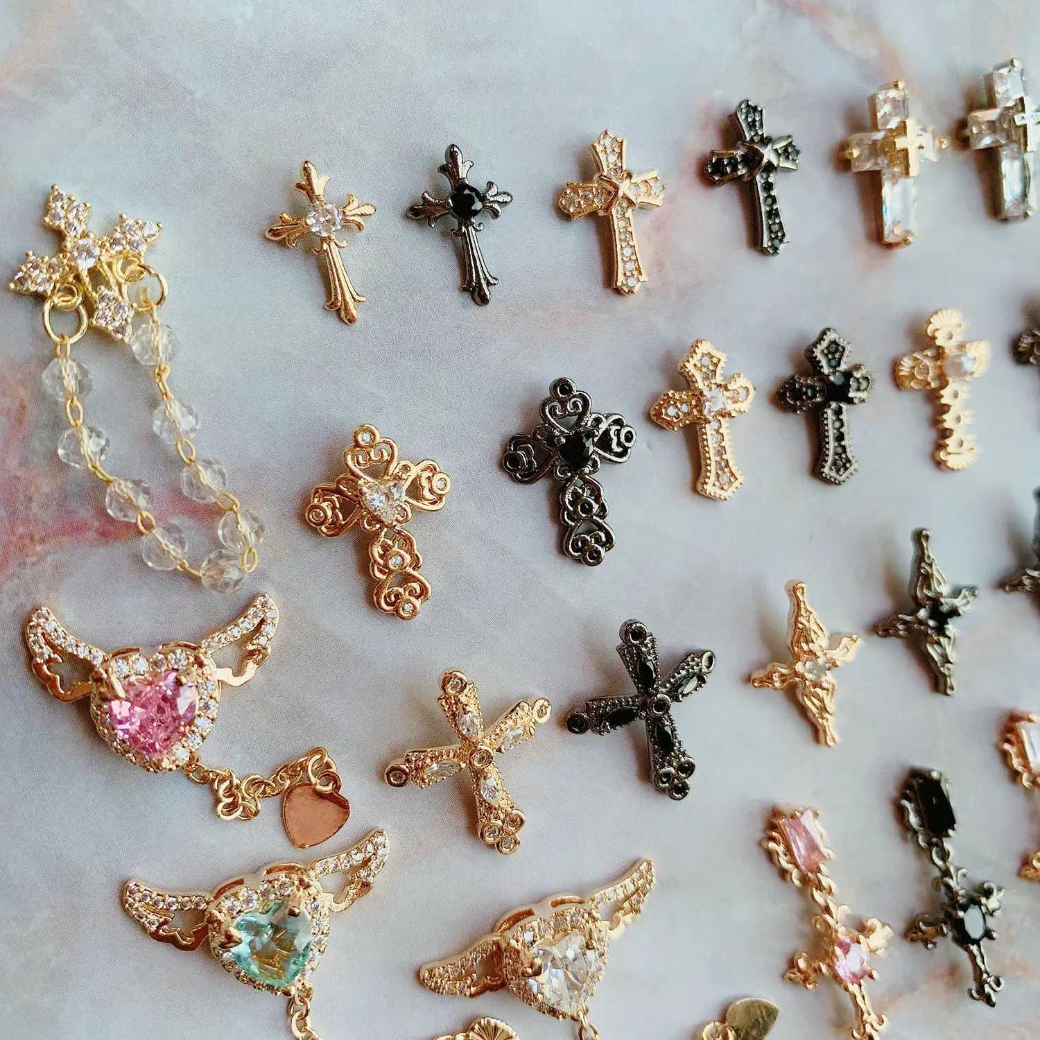 10 pieces/batch Dark Cross Heart shaped Nail Art Parts Zircon Crystal Handmade Nails Accesorios Supplies Decorative Charm W240829