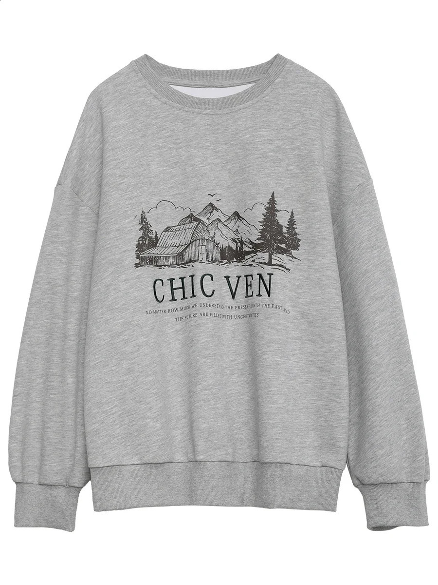 CHIC VEN Womens Sportswear Loose Casual Retro Round Neck Letter Embroidered Large Shoulders Top SpringSummer 240827