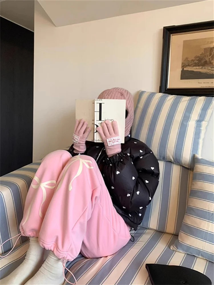 QWEEK Y2K Fairycore Pink Wool Sports Pants Womens Korean Fashion Bow Printed Grey Brushed Oversized Harajuku Jogger 240827