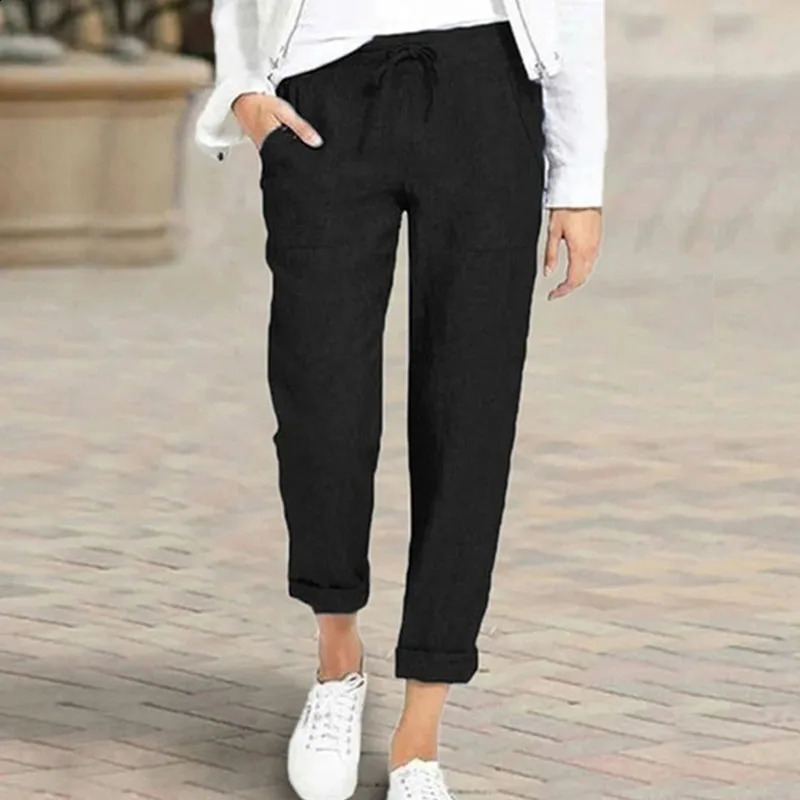 Lucyever Casual Cotton Linen Pants Women Spring Summer High Waist Elastic Ankle-Length Pants Female Solid Pockets Harem Trousers 240829