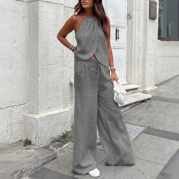 2024 Summer Womens Sexy Two Piece Set with Strap Up Neck Hanging Sleeveless Top and Wide Leg Pants 240829