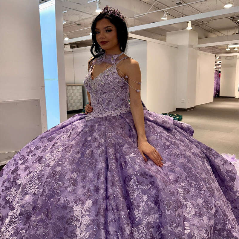 Mexico Lavender Off The Shoulder Ball Gown Quinceanera Dress For Girl Beaded Applique 3Dwers Birthday Party Gowns Prom Dresse