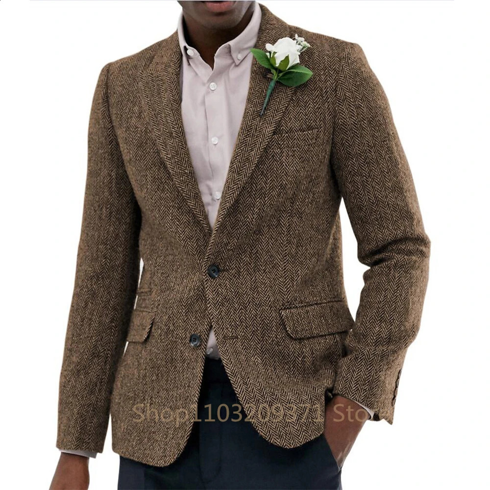 Mens set herringbone coarse woolen jacket winter warm short jacket retro slim fit mens jacket outerwear only 240829