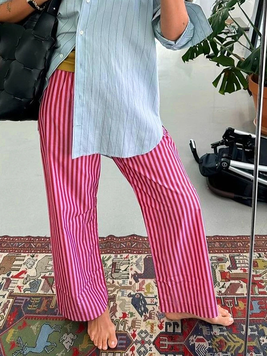 Women Y2k Stripe Print Long Pants High Elastic Waist Casual Loose Fit Wide Leg Red Pajama Pants with Pockets 2000s Streetwear 240829