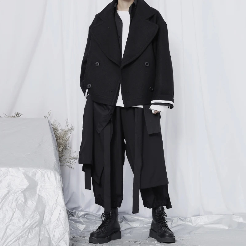 Mens black short wool coat Japanese loose double-layer fashion trend large-sized wool coat 240829