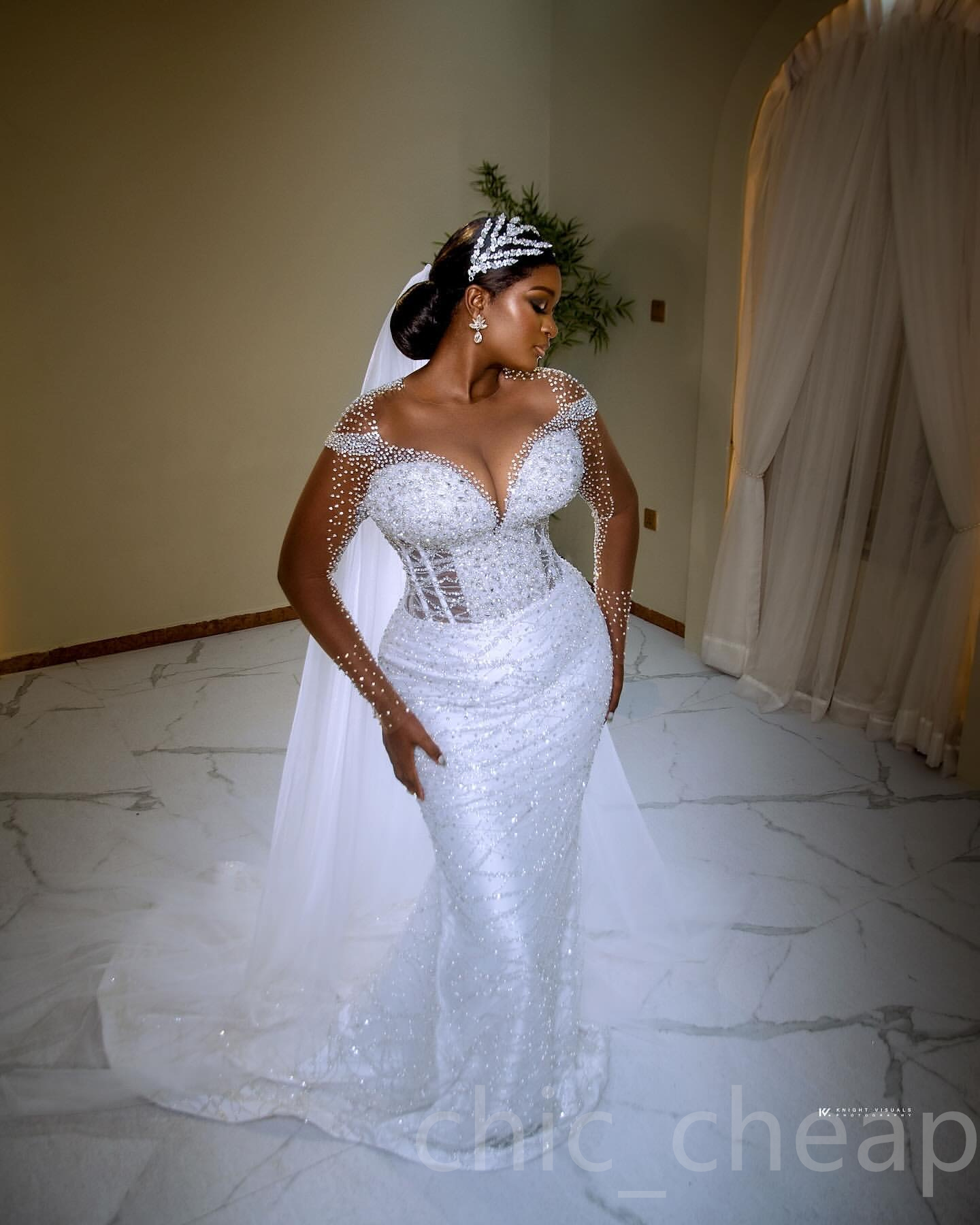 2024 Arabic Aso Ebi Plus Size Ivory Mermaid Wedding Dresses Beaded Sheer Neck Beaded Detachable Train Bridal Gowns Dress vestidos de novia ZJ515