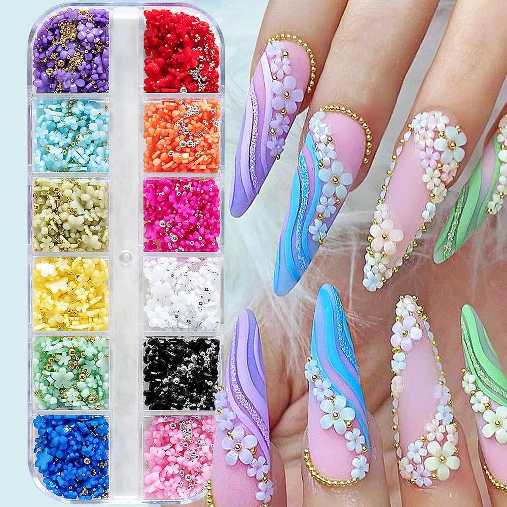 12 Grid/Box Round White Pearl Nail Bead Charm Half Round Gold/Silver Pearl Gem DIY Flat Back Nail Art Decoration ## W240829