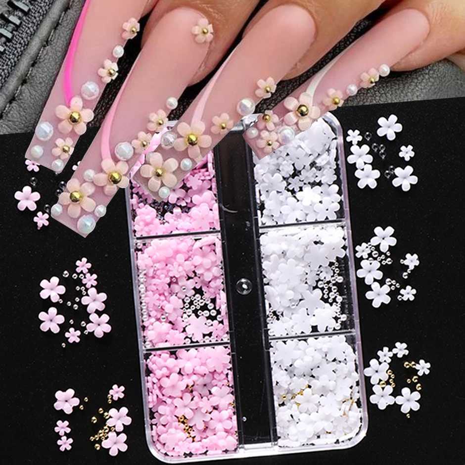 6 grid nail art decoration pink and white acrylic flower charm DIY parts with gemstone rhinestone used for accessory tool SASZCT-156 W240829