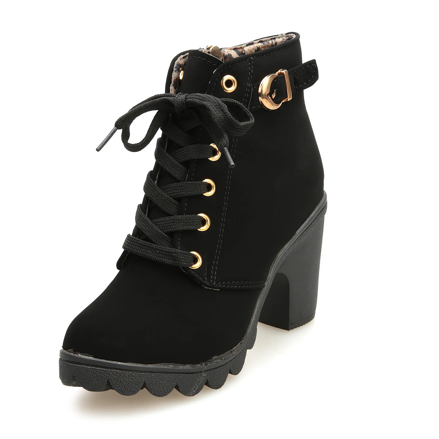 Women Fashion High Heel Lace Up Ankle Boots Ladies Buckle Platform Artificial Leather Shoes bota feminina2021