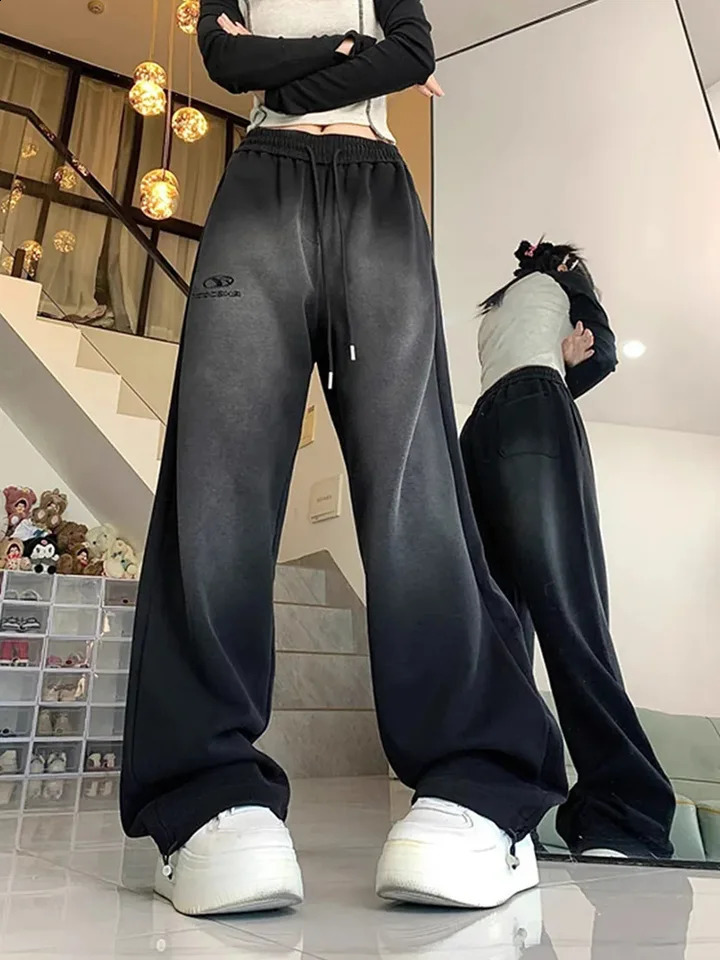 Zoki Vintage Y2K Sports Pants Womens Harajuku Street Clothing High Waist Letter Trouser Autumn American Casual Lace Bf Hip Hop 240827
