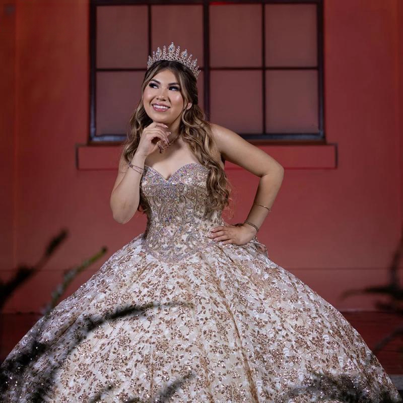 Champagne Sweetheart Ruffles Bow Ball Gown Quinceanera Dresses Sequined Lace Beading Crystal Corset Vestidos De 15 Anos