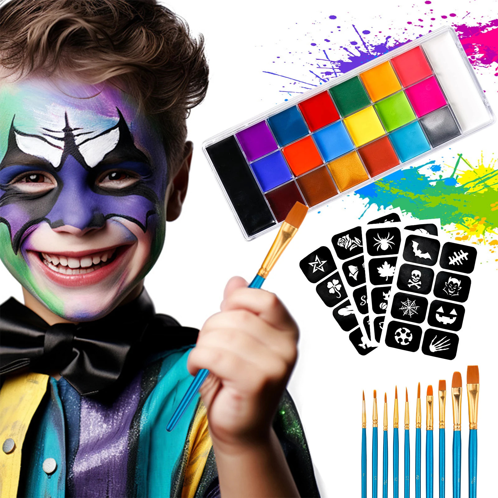 body paint palette oil makeup set with 20 colors SFX Halloween party painting including 10 artist brushes and tattoo template kit 240829