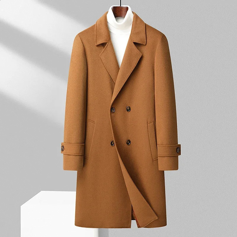 Mens classic winter double-layer wool coat mens business and leisure ultra-thin solid long wool windproof jacket thick and warm trench 240829