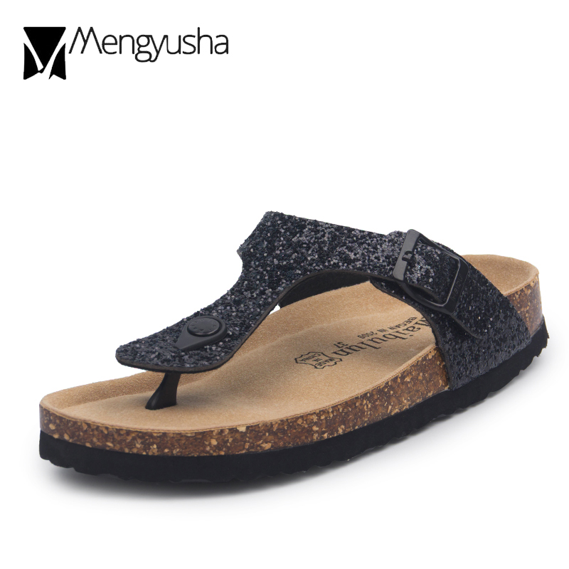 2025 new black/sier cork glitter women summer sequined beach slipper flip ps sandals shoes flat with plus size 45 c464