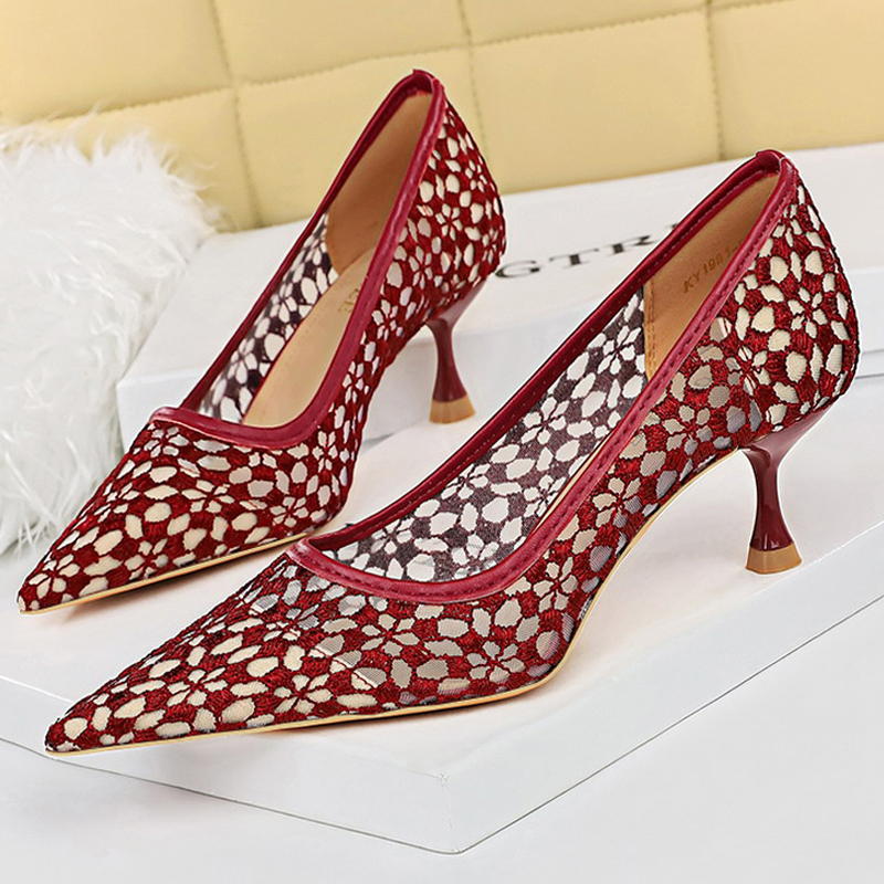 BIGTREE Mesh Cutout Lace Women Pumps Kitten Sexy Banquet Shoes Stiletto Fashion Ladies Heels Plus Size 43 Sandals