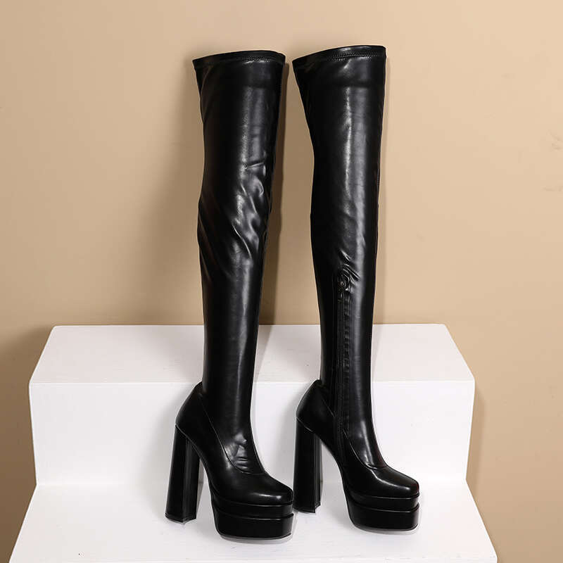Square Toe Super High Three-Layer Platform Fashion Women's Over The Knee Thick Heel Side Zipper Slip-On Plush Ing Boots