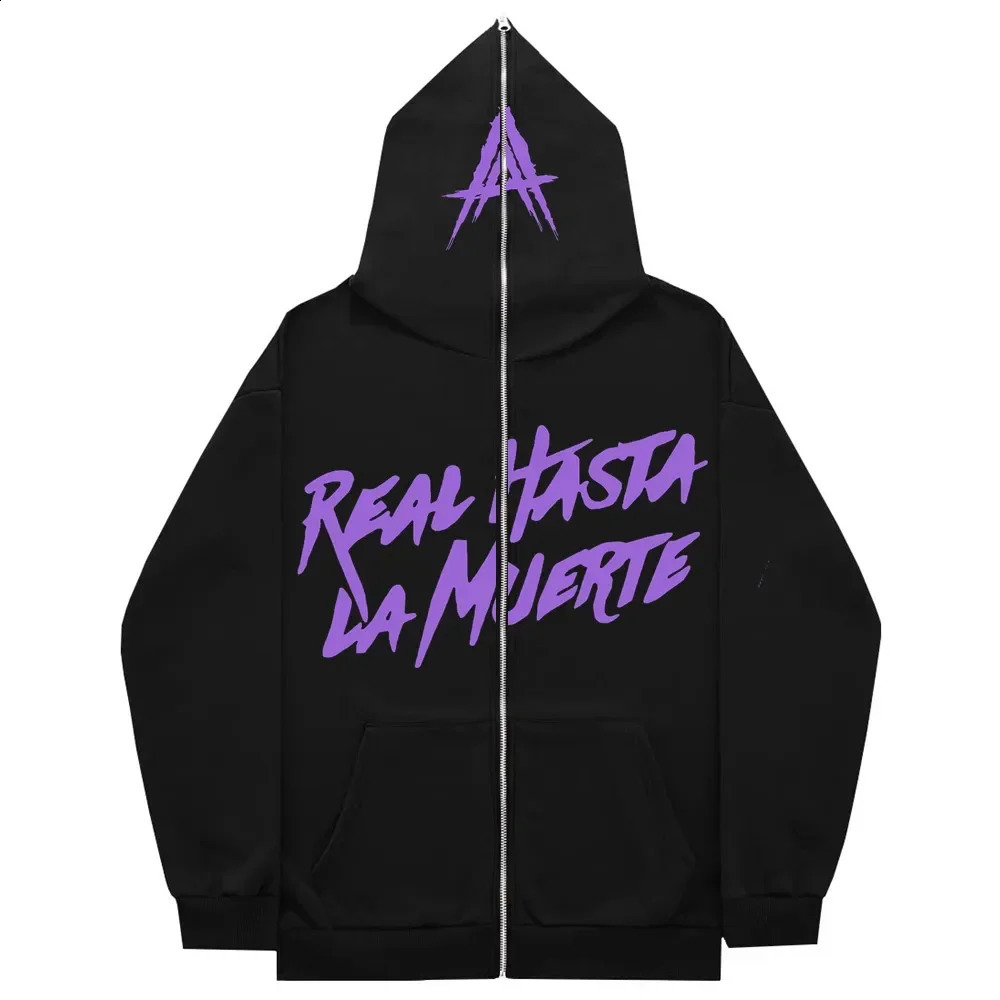AA Real Hasta La Muerte full face zipper mens hooded sweatshirt unisex interior wool womens streetwear top 240829