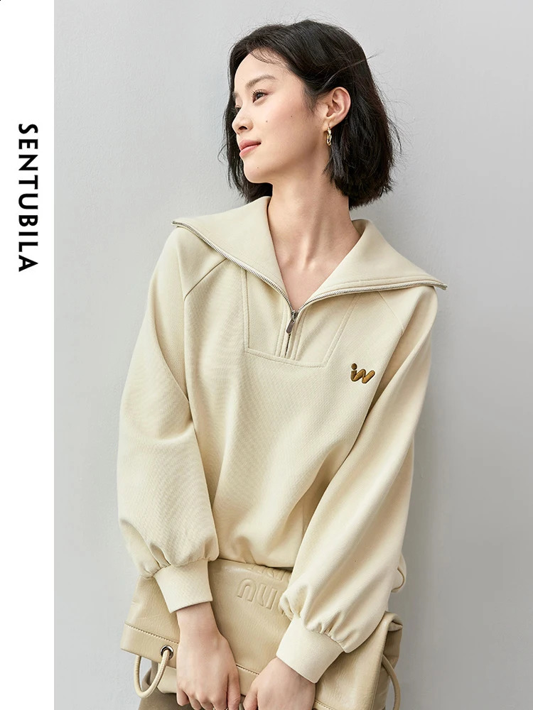 SENTUBILA Womens Casual Cotton Sweatshirt Autumn Straight Letter Embroidered Solid Half Open Collar Coat 143A55822 240827