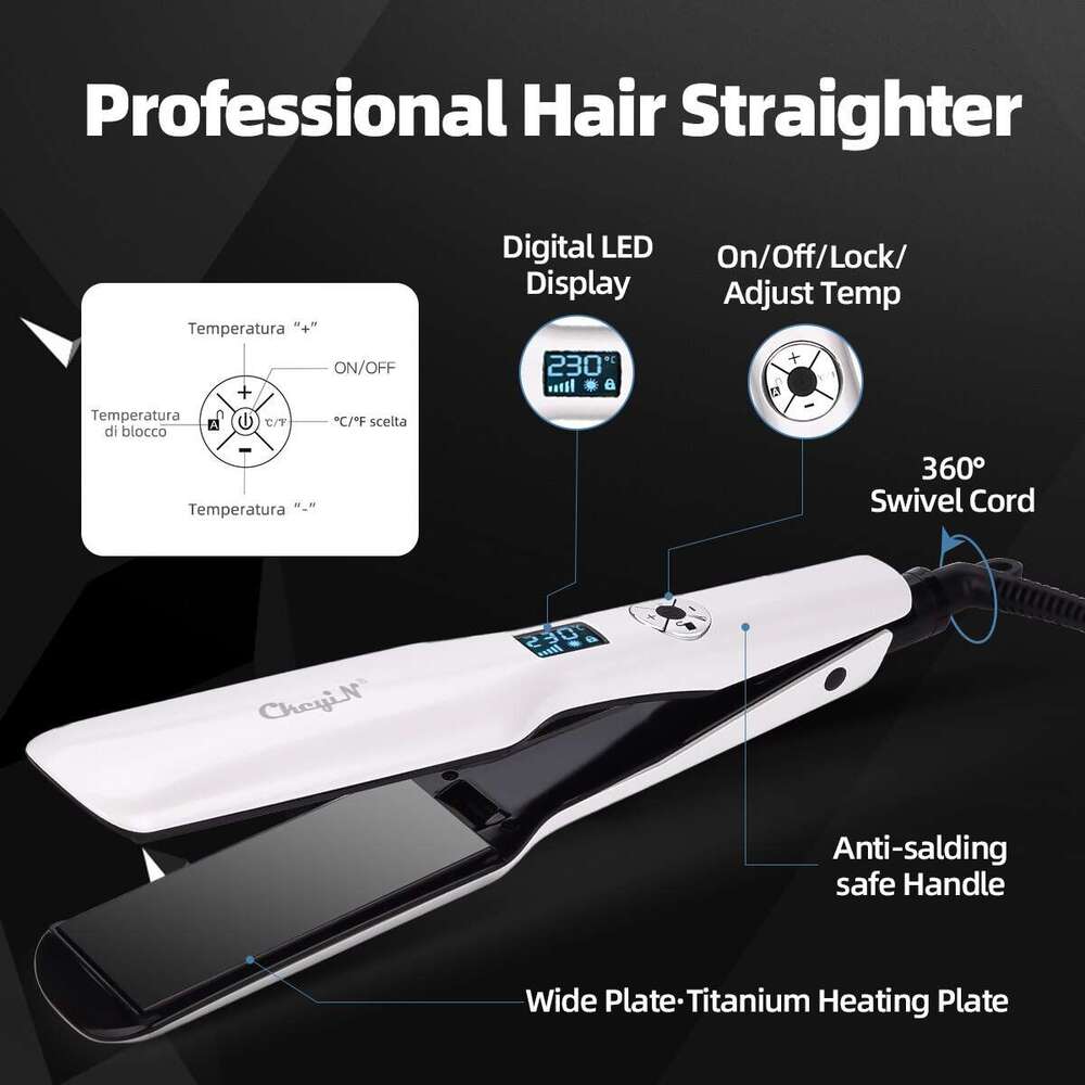 CkeyiN 44mm Tourmae Ceramic Hair Straightener LCD Display Fast Heating Flat Adjustable Temperature Straightening Iron