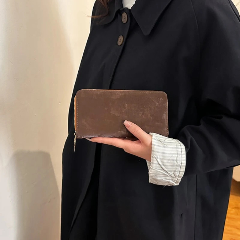 Solid Thread Zipper Long Faux Suede Wallet Bags for Women Simple Card Holder Note Compartment Clutch Bag 240830
