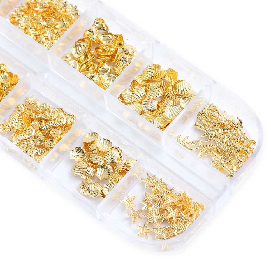 Golden Nail Art Alloy Stud Seaside 3D Decoration Shell Star Feather Charm Metal Frame Rivet Shining Accessories BE25-2 W240829