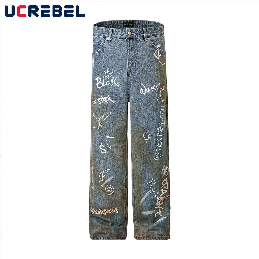 Letter Graffiti Dirty Wash Jeans Mens Pocket Y2k High Street Loose Straight Wide Leg Denim Pants Mens Trousers 240829