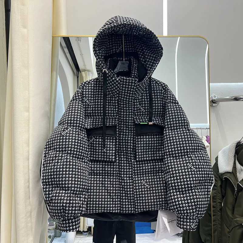 Women's Down Parkas Houndstooth Short Puffer Down Jacket Womens Winter 90% Duck Down Coat Hooded Female Feather Parka Y240824YGGD